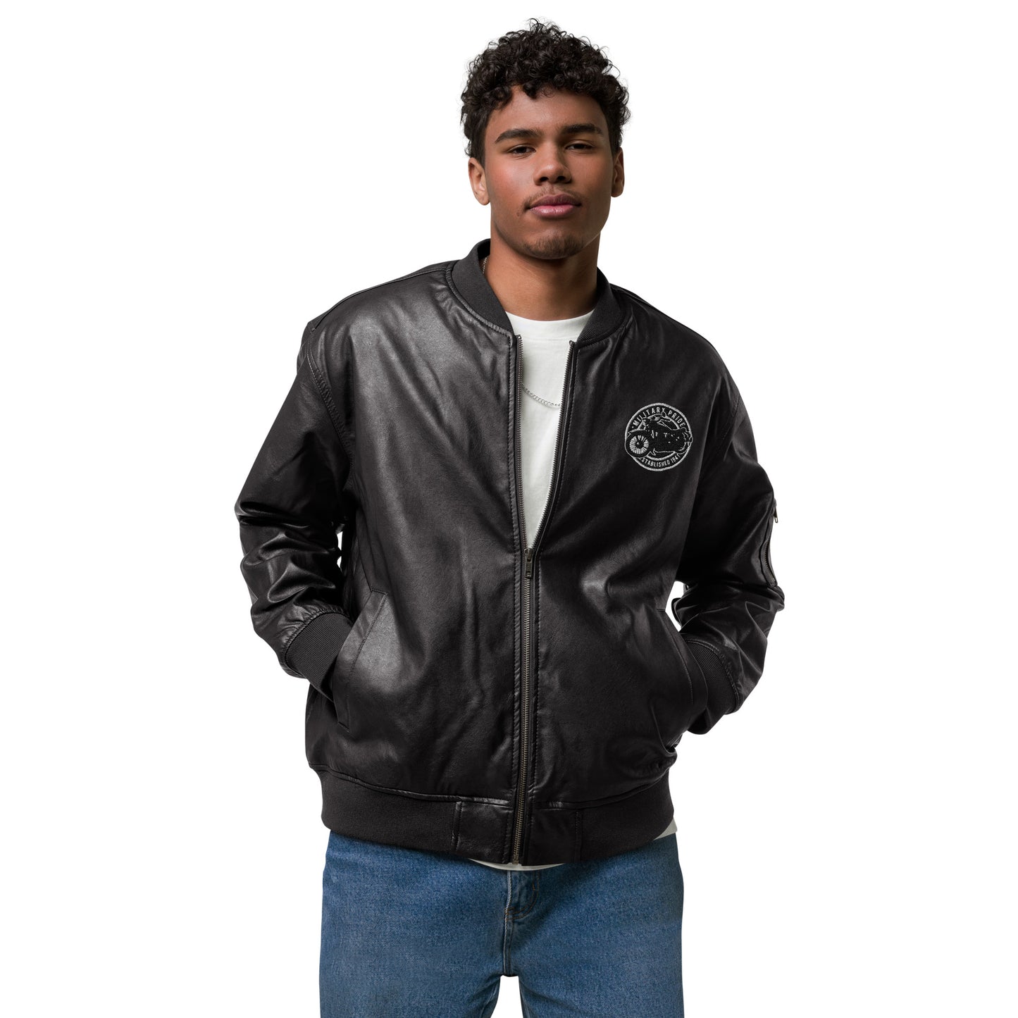 Unisex vegan leather bomber jacket