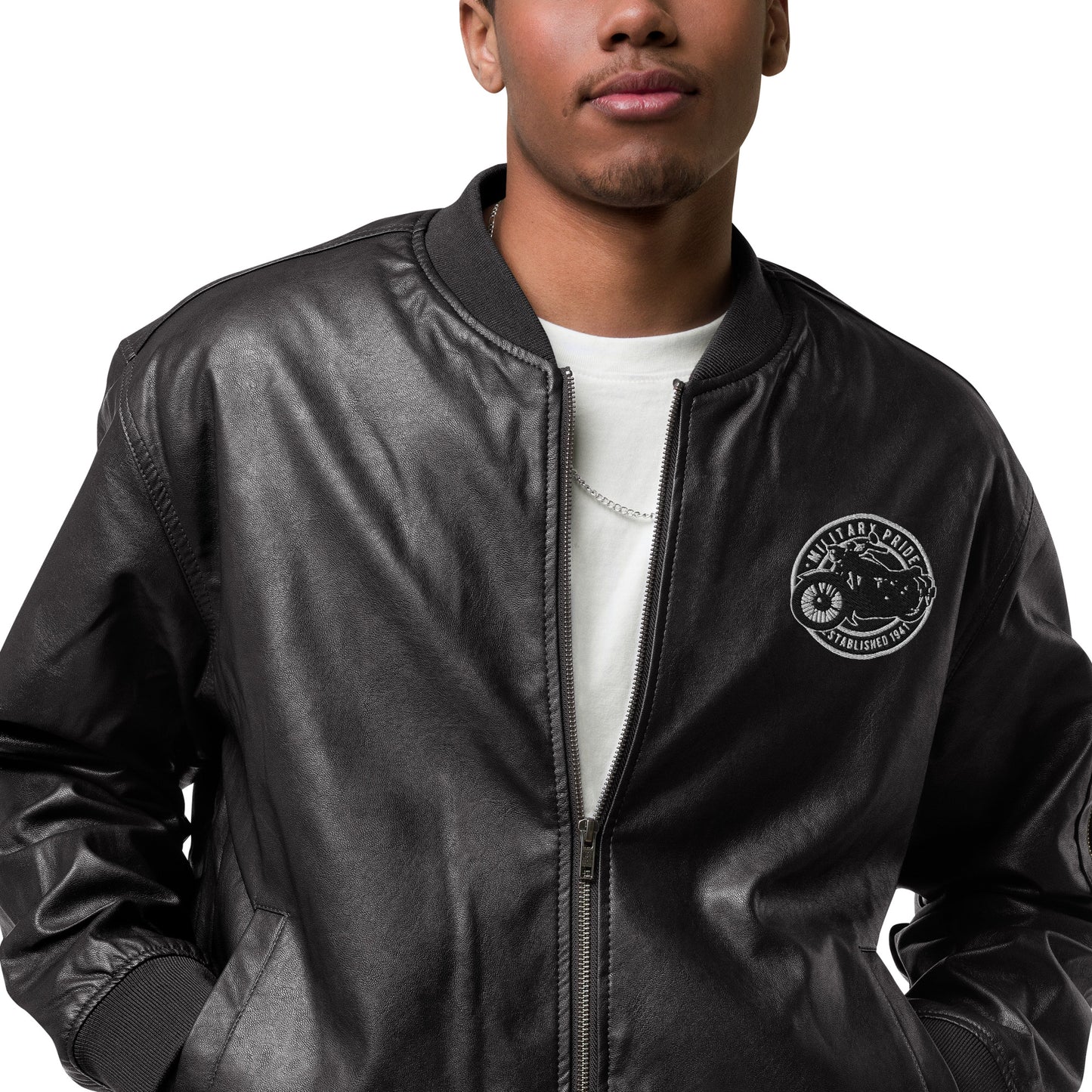 Unisex vegan leather bomber jacket