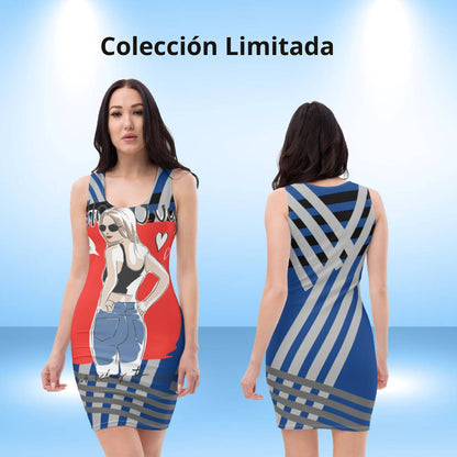 Hallo, blaues tailliertes Kleid