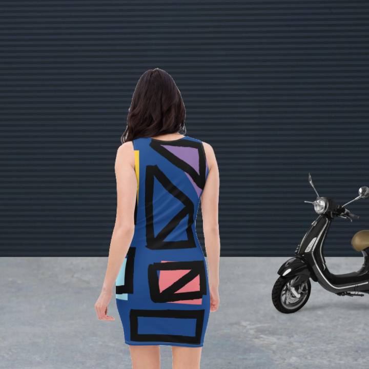 Blaues psychedelisches, figurbetontes Kleid